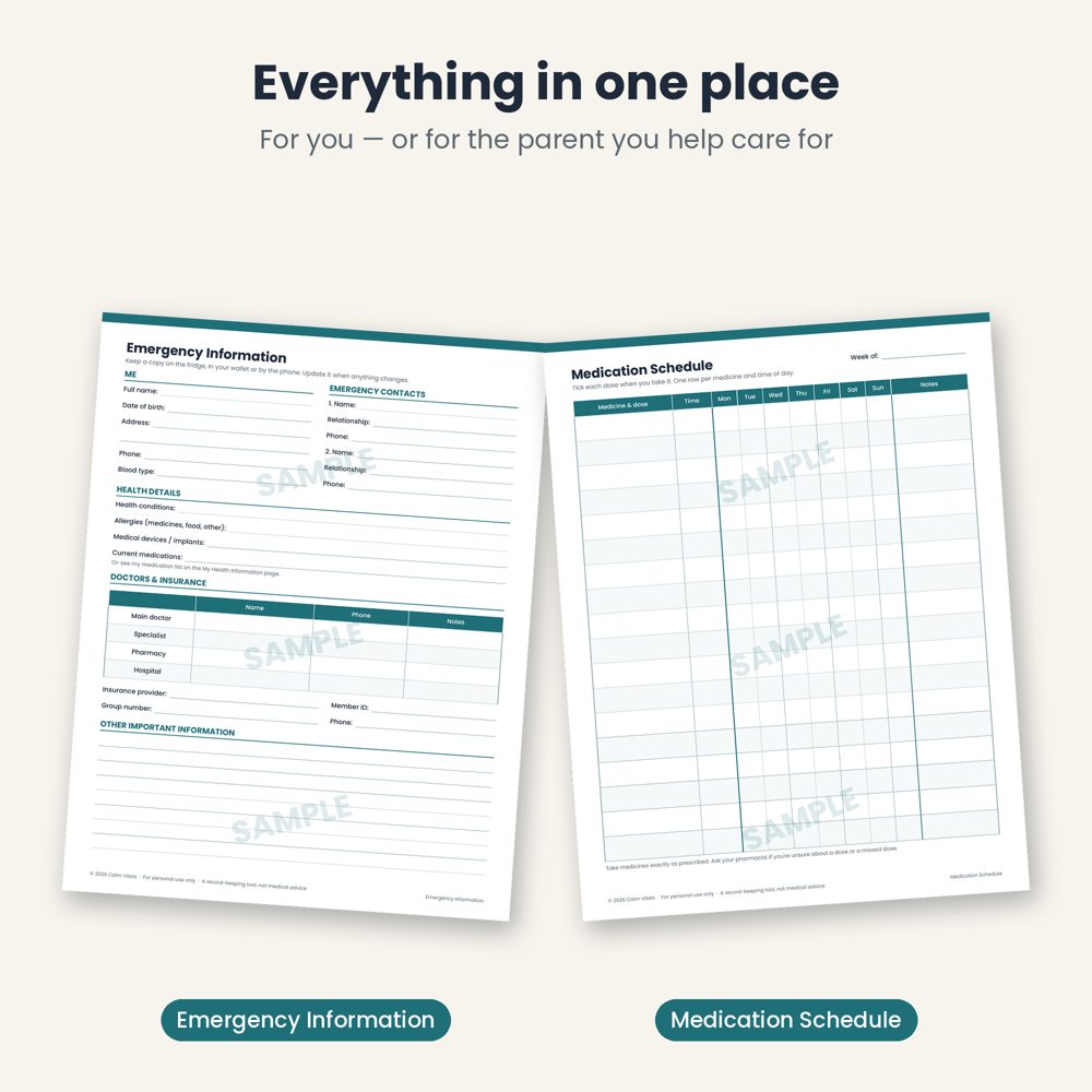 Emergency information and medication schedule pages